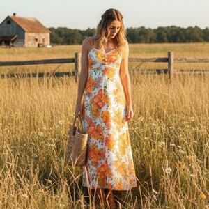 Vintage 70s Prairie Cottagecore Floral Cotton Maxi Dress SZ XS/S